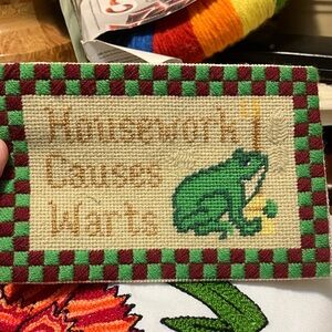 Vintage needlepoint Frog Housework Causes Warts unframed signed whimsical